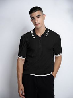SHOWOFF - Men Black Cotton Blend Stripes Collar Neck Polo T-Shirt
