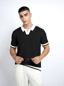 SHOWOFFFF - Men Black Cotton Blend Textured Collar Neck Polo T-Shirt
