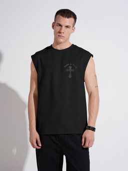 SHOWOFF - Men Black Suede Graphic Round Neck T-Shirt