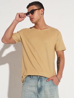 SHOWOFF - Men Beige Cotton Solid Round Neck T-Shirt