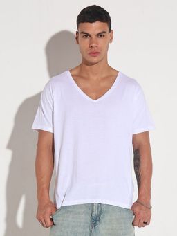 SHOWOFF - Men White Cotton Solid V-Neck T-Shirt