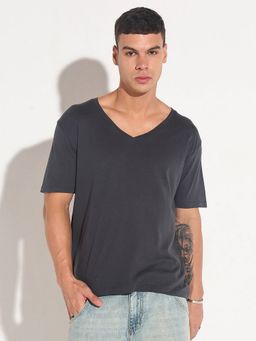 SHOWOFF - Men Black Cotton Solid V-Neck T-Shirt