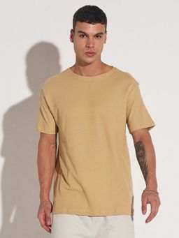 SHOWOFF - Men Beige Cotton Solid Round Neck T-Shirt