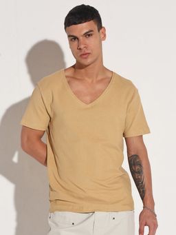 SHOWOFF - Men Beige Cotton Solid V-Neck T-Shirt