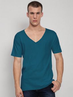 SHOWOFF - Men Teal Cotton Textured V-Neck T-Shirt