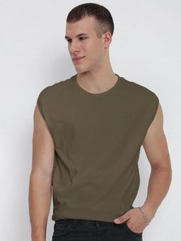 SHOWOFF - Men Olive Cotton Textured Round Neck T-Shirt