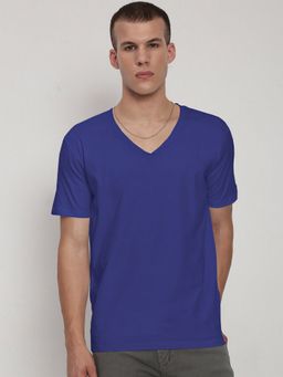 SHOWOFF - Men Blue Cotton Solid V-Neck T-Shirt