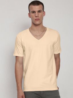 SHOWOFF - Men Cream Cotton Solid V-Neck T-Shirt