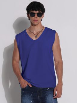 SHOWOFF - Men Blue Cotton Solid V-Neck T-Shirt