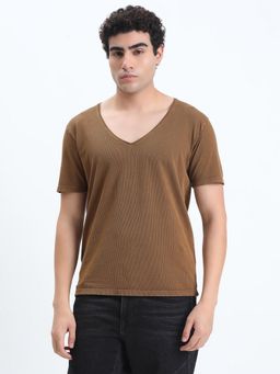 SHOWOFF - Men Brown Cotton Solid V-Neck T-Shirt