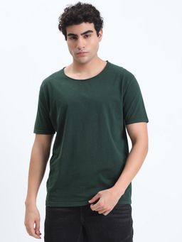 SHOWOFF - Men Green Cotton Solid Round Neck T-Shirt