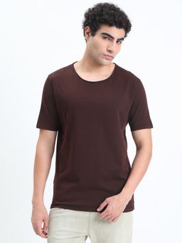 SHOWOFF - Men Brown Cotton Solid Round Neck T-Shirt