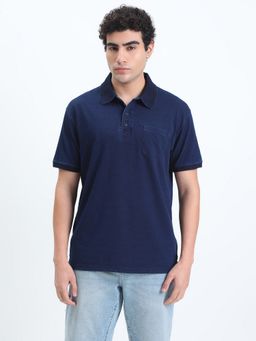 SHOWOFF - Men Navy Blue Cotton Solid Collar Neck Polo T-Shirt