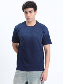 SHOWOFF - Men Navy Blue Cotton Ombre Crew Neck T-Shirt