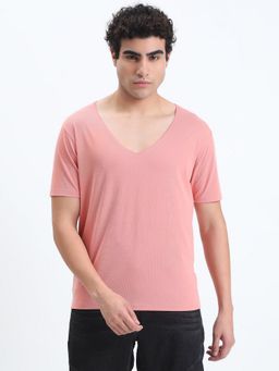 SHOWOFF - Men Pink Cotton Solid V-Neck T-Shirt