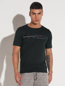 SHOWOFF - Men Green Cotton Blend Typography Crew Neck T-Shirt