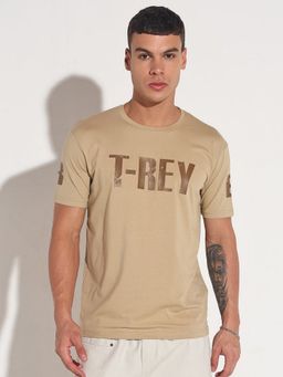 SHOWOFFFF - Men Beige Cotton Blend Typography Crew Neck T-Shirt