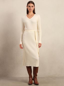 VERO MODA - Ivory Ribbed Knit Dress with Belt