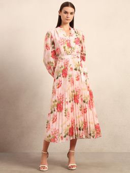 VERO MODA - Floral Print Pleated Midi Dress with Belt