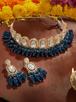 Zaveri Pearls - Blue Beads Diamonds Choker Necklace Earrings
