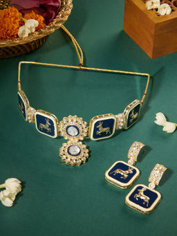 Zaveri Pearls - Navy Blue and Off White Meenakari Reindeer Necklace Earrings