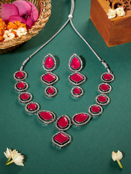 Zaveri Pearls - Red Stones Antique Silver Plated Necklace and Earrings