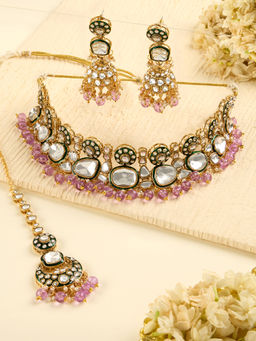 Zaveri Pearls - Purple Beads Green Meenakari Necklace Earrings Maangtikka