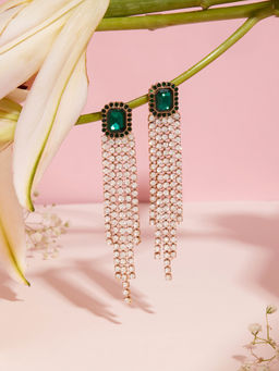Zaveri Pearls - Green Dazzling Stones and Austrian Diamonds Tassel Drop Earrings