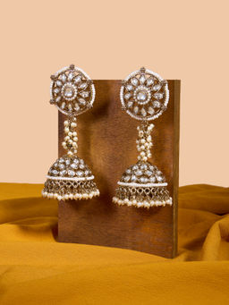 Zaveri Pearls - Antique Gold Tone Kundan Pearls Statement Jhumki Earrings