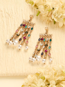 Zaveri Pearls - Multicolor Stones Chain Fringe Contemporary Drop Earrings