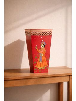Golden Peacock - Handpainted Red & Brown Decorative Metal Vase Showpiece