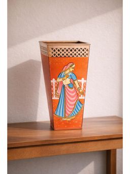 Golden Peacock - Orange & Purple Handpainted Metal Decorative Vase