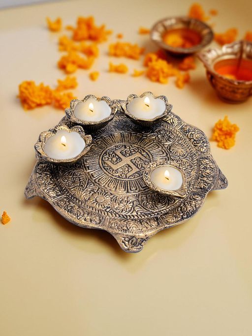 Golden Peacock Antique Finish Traditional Pooja Thali