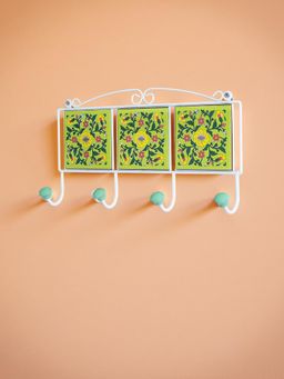 Golden Peacock - Green Floral Handcrafted Ceramic Wall Art With 4 Hooks