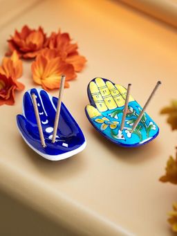 Golden Peacock - Handcrafted Blue Pottery Incense Stick Holder (Pack of 2)