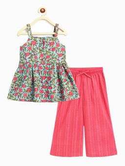 Campana - Girls Udita Tunic & Culottes Indo Western Floral Print Blue & Pink (Set of 2)