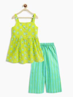 Campana - Girls Udita Tunic & Culottes Indo Western Floral Print Lime & Blue (Set of 2)