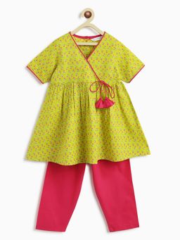 Campana - Girls Nihira Kurti with Pants Small Flower Print Lime Green (Set of 2)