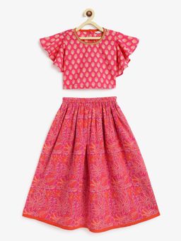 Campana - Girls Gulnaz Lehenga & Blouse Block Print & Jaal Print Magenta (Set of 2)