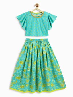 Campana - Girls Gulnaz Lehenga & Blouse Block Print & Jaal Print Turquoise (Set of 2)