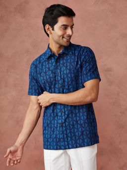 Fabindia - Men Cotton Geometric Straight Fit Blue Shirt
