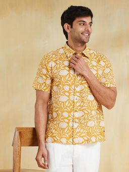 Fabindia - Men Cotton Floral Straight Fit Yellow Shirt