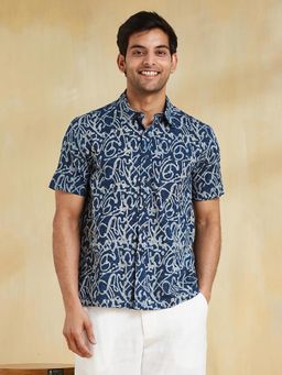 Fabindia - Men Cotton Printed Straight Fit Blue Shirt