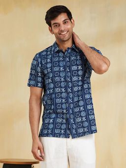 Fabindia - Men Cotton Printed Straight Fit Blue Shirt