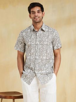 Fabindia - Men Cotton Floral Comfortable Fit Grey Shirt