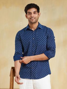 Fabindia - Men Cotton Printed Slim Fit Blue Shirt