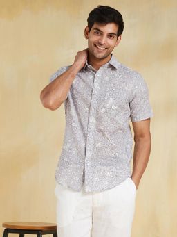 Fabindia - Men Cotton Floral Slim Fit Grey Shirt