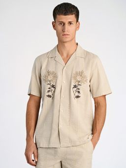 LINDBERGH - Men Pure Cotton Embroidered Regular Fit Cream Shirt