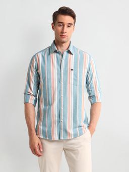 Arrow Sports - Men Cotton Stripes Slim Fit Green Shirt