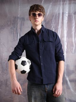 Hubberholme - Men Relaxed Fit Utility Pockets Opaque Textured Cotton Casual Shirt